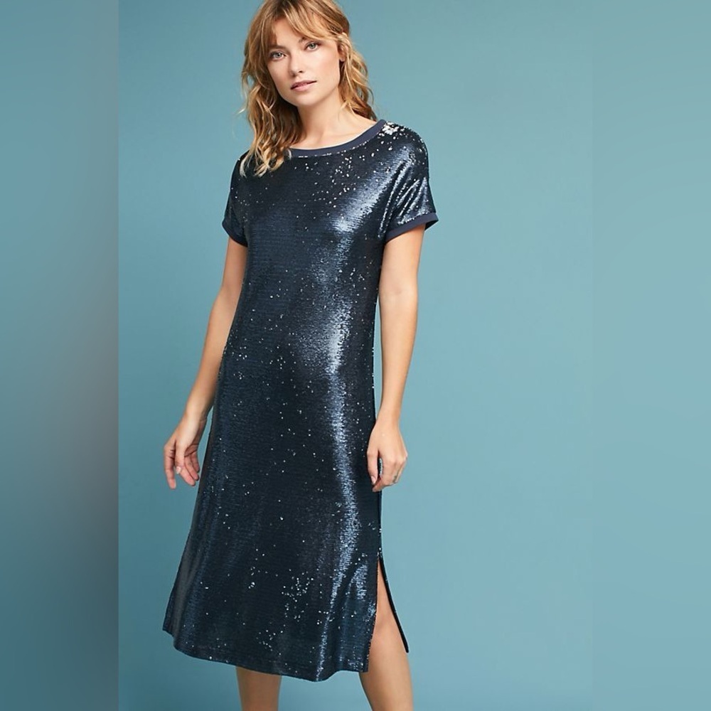 Anthropologie Interstellar Moulinette Soeurs Midnight Blue Sequin Midi Dress L